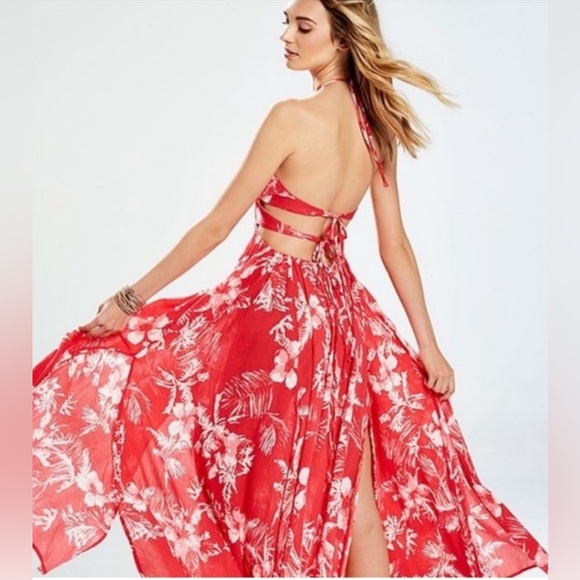 Free People Lille Printed Maxi Halter Dress Raspberry Red Endless Summer Beach L - Picture 2 of 15
